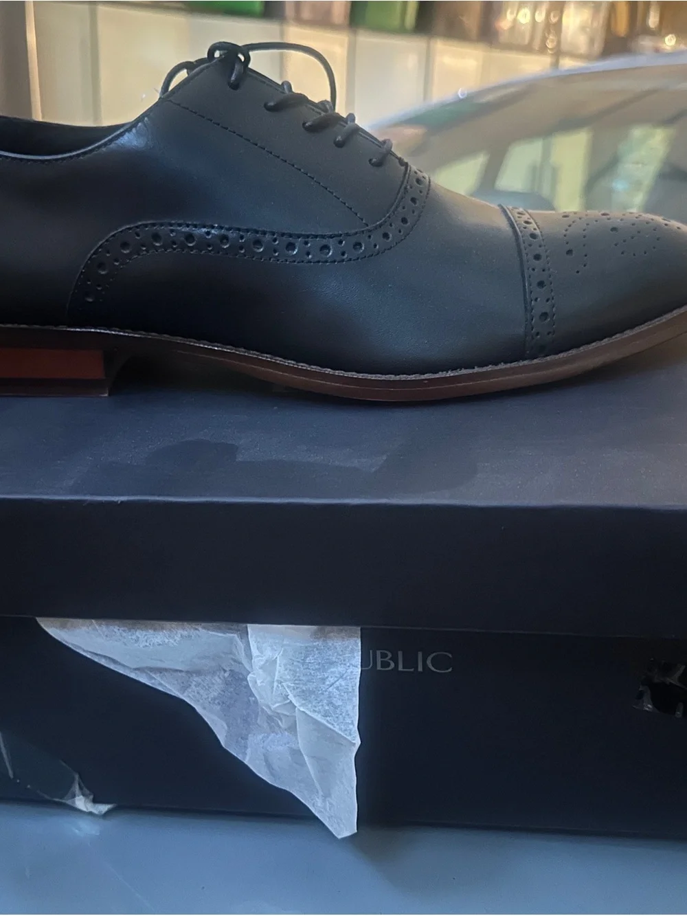 Banana Republic Black Leather Cap-Toe Derby with Brogue Detailing